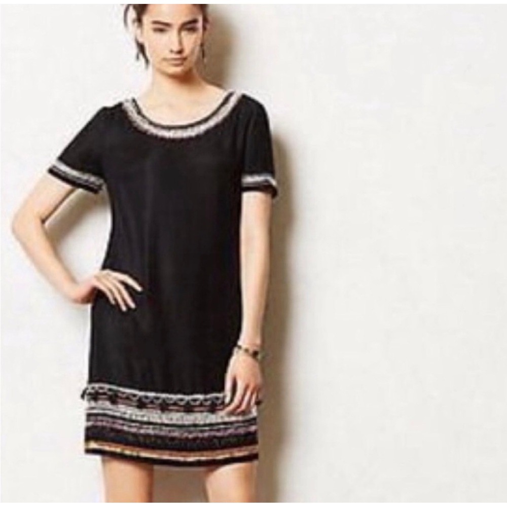 Maeve Anthropologie Catriona Embellished Black Beaded Tassel Shift Dress 4‎ NWT
